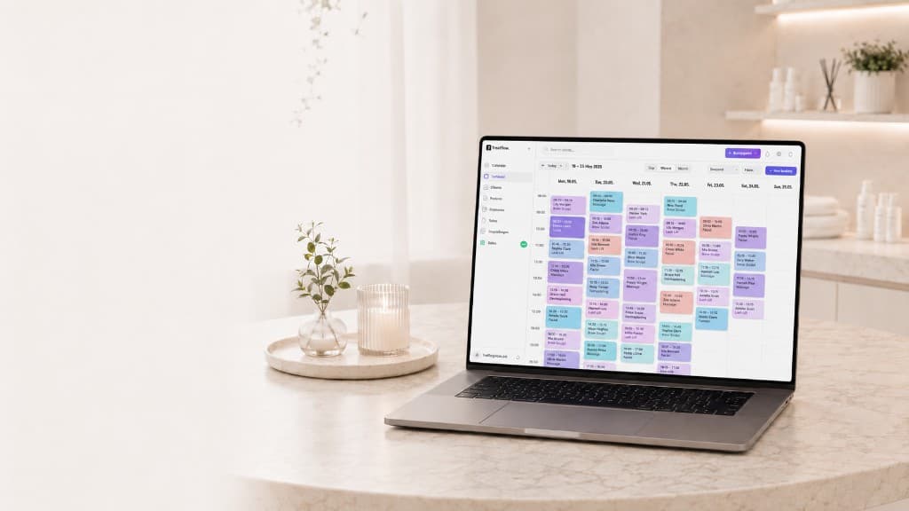 Treatflow Terminkalender geöffnet auf einem Laptop in einem modernen Kosmetikstudio