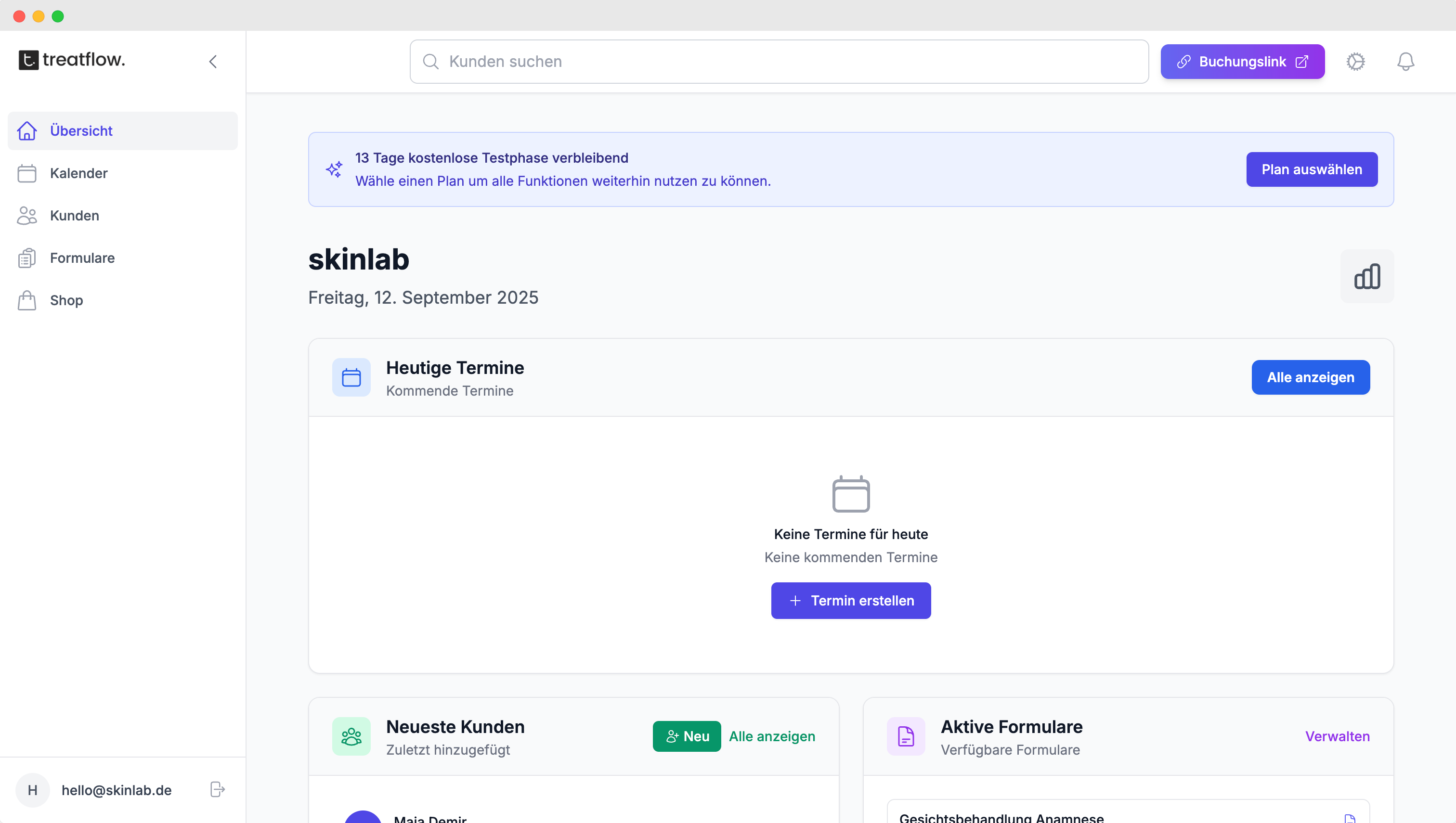Treatflow Dashboard - Hauptansicht mit Kundenverwaltung und Terminübersicht